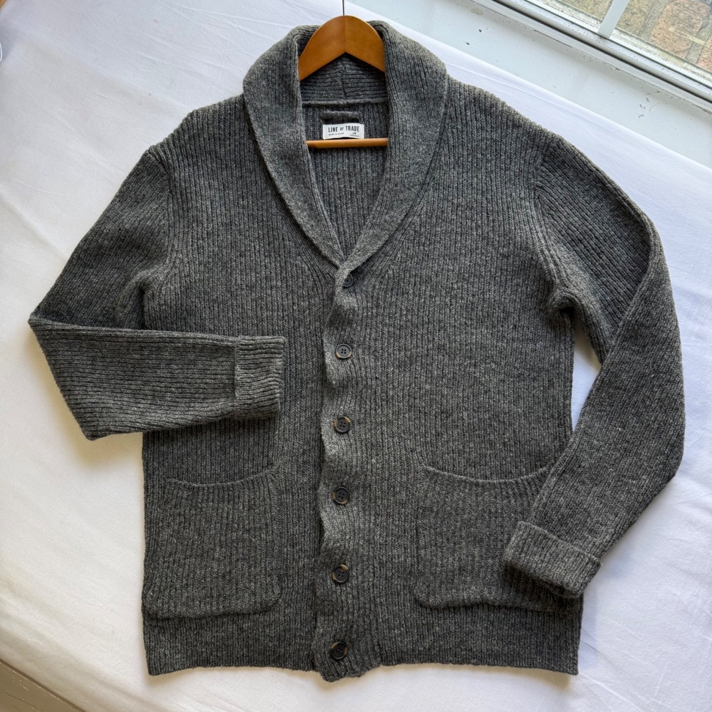 Line of Trade Mens 100% Shetland Wool Shawl Collar Cardigan Sweater Medium Grey
